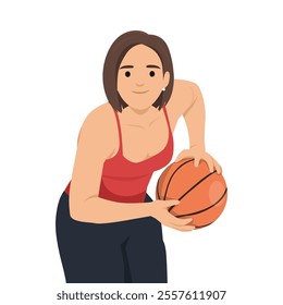 Young woman Basketball Player Dribbles The Ball. Flat vector illustration isolated on white background