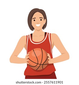 Young woman basketball player holding ball. Flat vector illustration isolated on white background