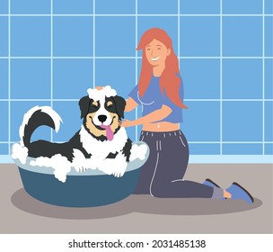 young woman bathes an animal puppy