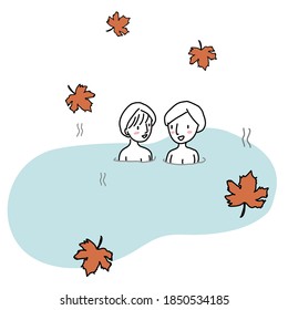 Young woman bathing at onsen with friend. Happy women relaxing in hot spring in autumn. Cute two girls taking bath at natural onsen outdoors. 