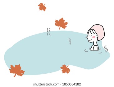 Young woman bathing at onsen. Happy woman relaxing in hot spring in autumn. Cute girl taking a bath at natural onsen outdoors serenely. 