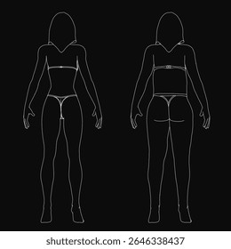 A young woman in a bathing suit strikes a dynamic pose with arms and legs outstretched, her silhouette sharply defined against a black background. Her hair is pulled back in a ponytail, head slightly.