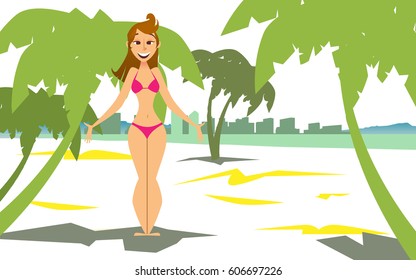 Young woman in a bathing suit sunbathing on a sunny beach.