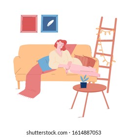 Young Woman in Bathrobe Relaxing on Sofa at Home with Garland. Evening Weekend Sparetime, Female Character Lying on Cozy Couch at her Apartment after Work or in Hotel. Cartoon Flat Vector Illustration