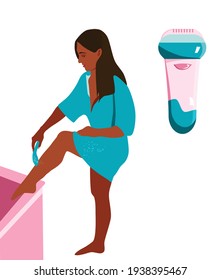 Young woman in bathrobe is shaving her legs with razor. Electric Depilation. Removing hair from body. Daily routine and skin care. Vector illustration.Hygienic item in cartoon style.