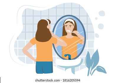 Young woman in the bathroom brushing teeth with a toothbrush reflection in the mirror vector illustration in flat How to brush teeth correctly Oral hygiene and dental procedures concept