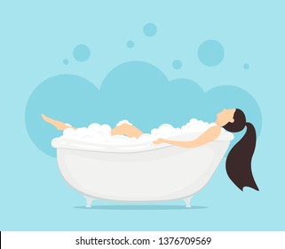 Young woman in bathtub with bubbles in blue bathroom, illustration.