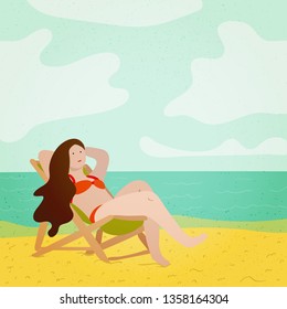 Young woman at a beach - cartoon people character isolated illustration. Cute girl in bikini is lying and takin sun bath on a lounger. Summer vacation concept. Vector modern trendy travel agency image