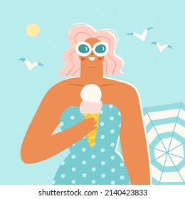 Young woman at the beach eating ice cream with seagulls flying above. Vector illustration of a girl wearing vintage sunglasses spending her summer vacation by the sea. Banner or card design.