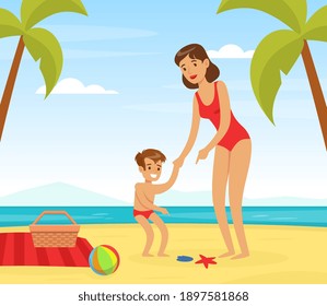 Young Woman in Beachwear Playing with Her Kid on Sea Shore Vector Illustration