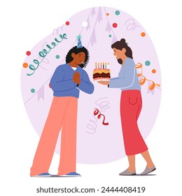 Young Woman Beams With Joy, Surrounded By Her Close Female Friend Character, As She Blows Out Candles On Birthday Cake Celebrating Beautiful Moment of Life Together. Cartoon People Vector Illustration