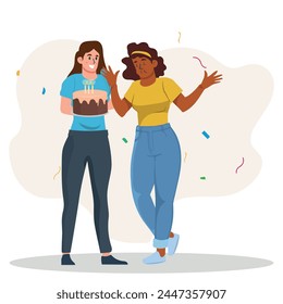 Young Woman Beams With Joy, Surrounded By Her Close Female Friend Character, As She Blows Out Candles On Birthday Cake Celebrating Beautiful Moment of Life Together. Cartoon People Vector Illustration