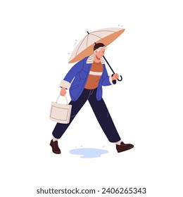 Young woman in beanie holding umbrella, carrying bag. Girl with parasol walking in rainy weather, rushing. Person hurry steps over rain puddles. Flat isolated vector illustration on white background