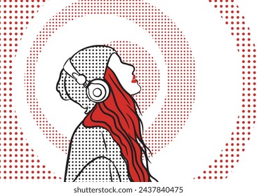 Young woman in beanie listening to music with headphones. Stylized cartoon with halftone effects.