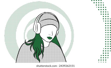 Young woman in beanie listening to music with headphones. Stylized cartoon with green halftone effects. Isolated on white background.