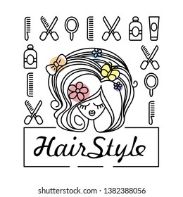 Young woman with a beautiful haircut 
and face and a series of linear icons 
for a beauty salon and hairstyle