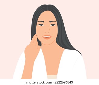 Una mujer joven con piel hermosa, vida gentil y feliz. Saludable. Ilustración vectorial del concepto de salud.