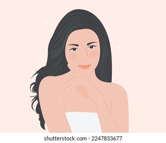 A young woman with beautiful skin, gentle and happy life. Healthy. Healthcare concept vector illustration.