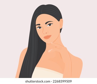 A young woman with beautiful skin, gentle and happy life. Healthy. Healthcare concept vector illustration.