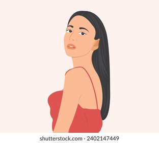 Una mujer joven con piel hermosa, vida gentil y feliz. Saludable. Ilustración vectorial del concepto de salud.