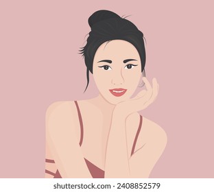 Una mujer joven con piel hermosa, vida gentil y feliz. Saludable. Ilustración vectorial del concepto de salud.