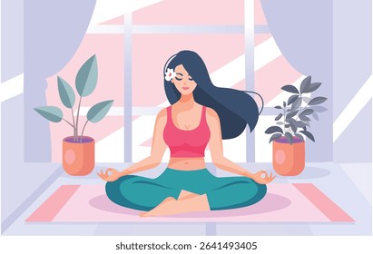 A young woman with a beautiful toned body is doing yoga.
