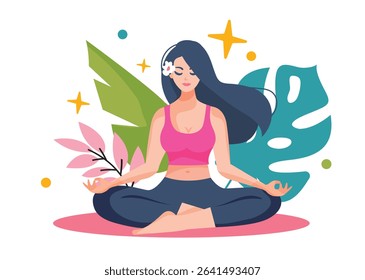 A young woman with a beautiful toned body is doing yoga.
