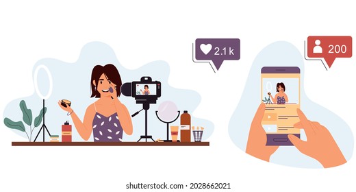 Young woman beauty blogger records a video review on cosmetics.Video blog, product review, Internet marketing.Hands holding a smartphone with a blogger on the screen.Vector isolated illustration.Eps10