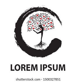 young woman become beautiful blooming tree inside zen symbol, logo template
