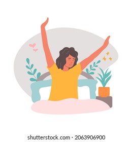 Young woman in bed after sleeping pulls her hands up, good morning, waking up, vector illustration in flat style