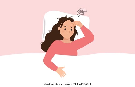 Young Woman In Bed Feel Stressed Because Of Sleep Problem. Flat Vector Cartoon Design