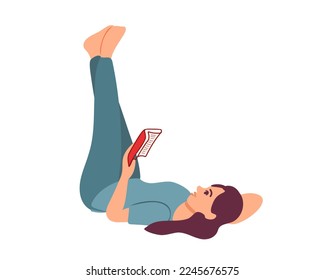 
Young woman in bed with her legs up and reading a book. Flat illustration