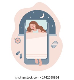 Young woman in bed suffering from insomnia, lying in bed with her eyes open. Vector flat illustration. Insomnia concept