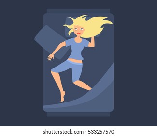 Young woman in bed suffering from insomnia. Vector illustration  