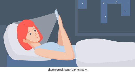 Young woman in bed under the blanket look at smartphone. Using phone to surf the internet, social network, chatting with friends. Do not sleep at night using mobile device. Bedroom interior.