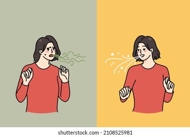 Young Woman Before And After Good Oralcare Or Tooth Hygienic Routine. Problem Of Bad Breath. Girl Clean Wash Teeth For Mouth Freshness. Dental Hygiene And Care. Flat Vector Illustration. 