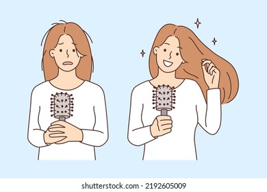 Young woman before and after hair treatment. Female client showing result of hairdo salon procedures. Beauty concept. Vector illustration. 