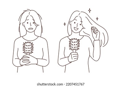 Young woman before and after hair treatment. Female client showing result of hairdo salon procedures. Beauty concept. Vector illustration. 