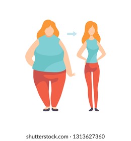 Young Woman Before and After Losing Weight, Overweight and Athletic Version of Girl Vector Illustration