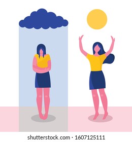 a young woman before and after psychotherapy.Psychological problems, sadness, apathy, negative emotions.Increase self-esteem, help from a psychologist.Flat vector illustration