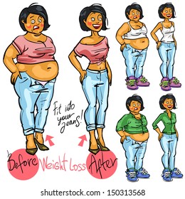 Young woman before and after weight loss trying to fit into her jeans . Hand drawn funny cartoon characters, sketch, isolated