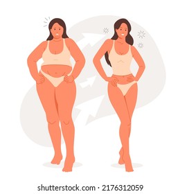 Young woman before and after weight loss. Fat and slim girl. Overweight and sporty female body. Vector illustration isolated on white background.