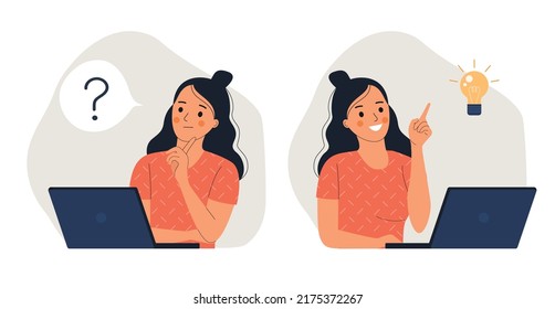 Young woman before the laptop with question mark in think bubble and  finding new idea. Shiny light bulb. Flat style cartoon vector illustration. 