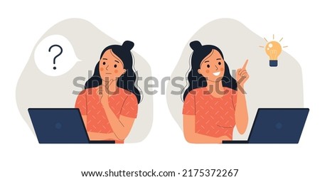 Young woman before the laptop with question mark in think bubble and  finding new idea. Shiny light bulb. Flat style cartoon vector illustration. 