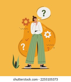 Young woman before making a decision thinks question.Girl with speech bubble and choice question.Doubt of her choice.Template of thinking person.Problem solving concept.Brainstorm for business.Vector