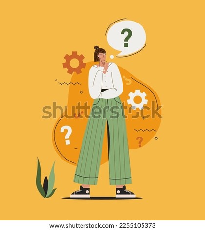 Young woman before making a decision thinks question.Girl with speech bubble and choice question.Doubt of her choice.Template of thinking person.Problem solving concept.Brainstorm for business.Vector