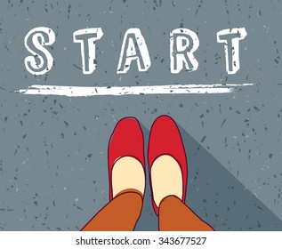 Young woman begin way start line new life. Woman standing  on the road. Color vector illustration. EPS8