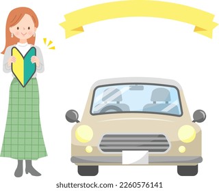 Young woman with beginner mark and simple car