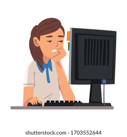 Young Woman Being Bored with Her Job, Lazy Office Worker Procrastinating at Workplace, Unmotivated or Unproductive Manager Character Vector Illustration