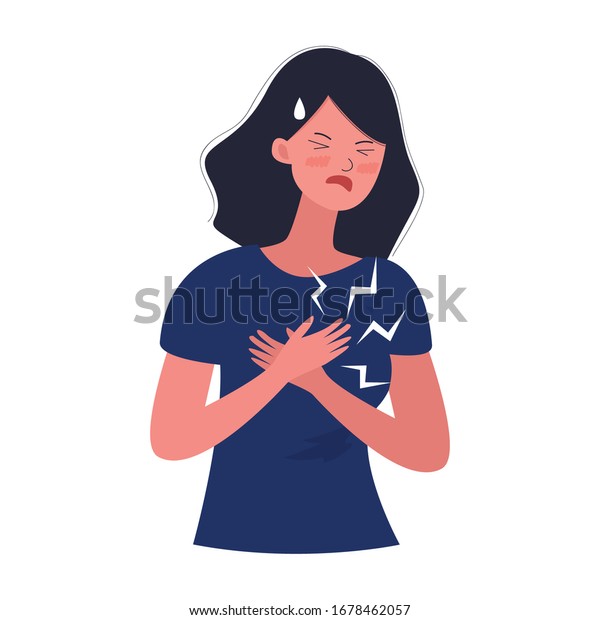 Young woman being sick. illustration of people\
sick. illustration unhappy character. heart disease, out of breath\
illustration. touching chest.\
